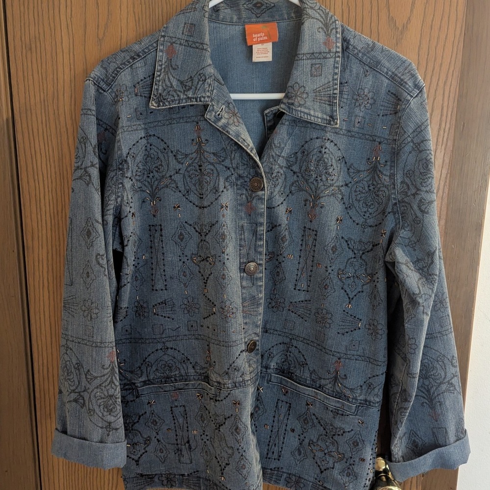Hearts of Palm Beaded Embroidered Denim Jacket Shirt Boho Western Geometric 10